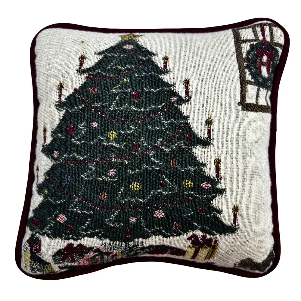 Christmas Tree Woven Tapestry Throw Pillow Burgundy Holiday Decor 8 Inch